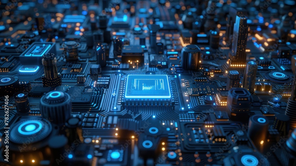 Fototapeta premium Abstract digital blue circuit backdrop. Technology and chips are synonymous with innovation. 3D Rendering