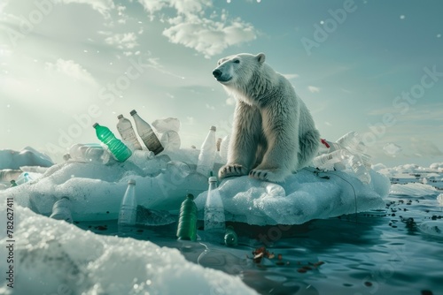 Polar bear is sitting on pile of plastic bottles on top of block of ice. Ecology problems and plastic pollution concept