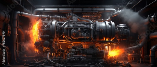 dieselpunk complex engine with many glowing and moving parts that fills a dark industrial room