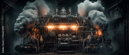 dieselpunk complex engine with many glowing and moving parts that fills a dark industrial room