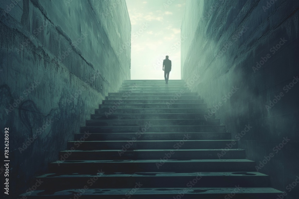 A man is walking down a dark staircase. Business concept, background