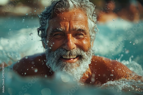 Happy old man cooling off in the water in the summer heat on vacation in travel. Background with selective focus © top images