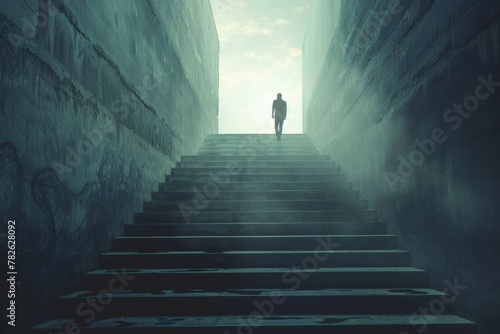 A man is walking down a dark staircase. Business concept  background