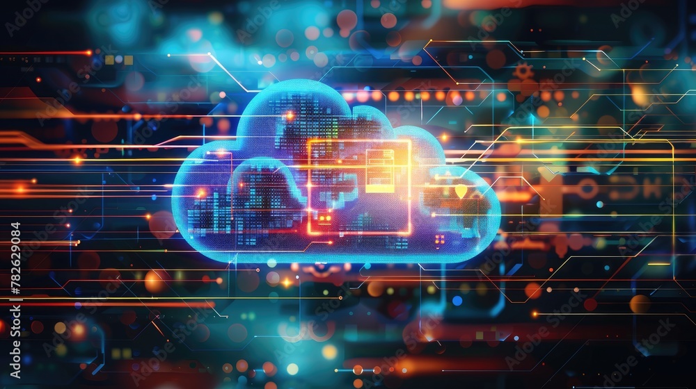 Obraz premium Futuristic cloud computing transfers big data over the internet, Ai Generated
