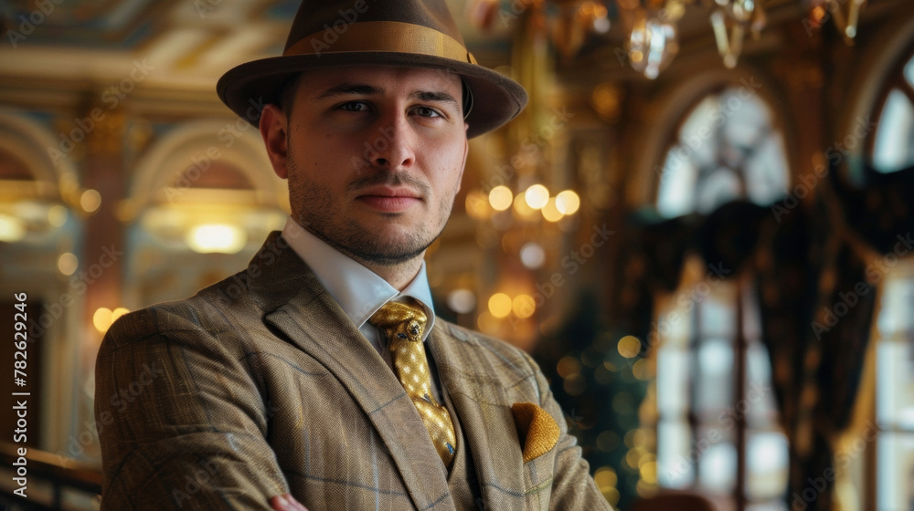 A dapper gentleman in a tailored suit and fedora adorned with gold accents and accessories representing the influence and affluence of gold in the fashion ensembles of the Golden Age. . A dapper gentleman in a tailored suit and fedora adorned with gold accents and accessories representing the influence and affluence of gold in the fashion ensembles of the Golden Age. .