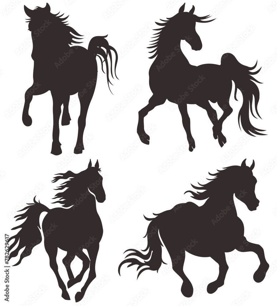 Set of silhouette of horses. Isolated black silhouette of galloping, jumping running, trotting, rearing horse on white background. Side view Set of silhouette of horses. Isolated black silhouette of galloping, jumping running, trotting, rearing horse on white background. Side view