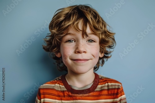 Portrait of a cute little boy with curly hair on a blue background