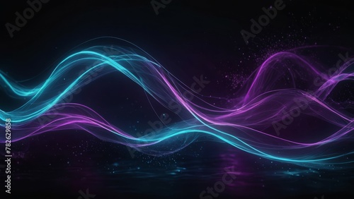 Blue and purple waves with glow particle abstract background.