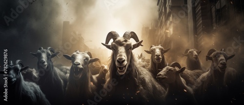 invasion of the giant goats, aggressive , fire breathing goats, action scene, horror, scary , low key lighting city background photo