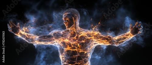man's body in lightning, transparent black background, mocap motion capture