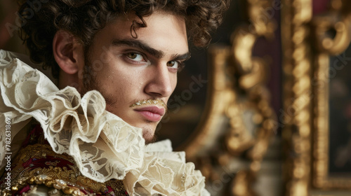 Dressed in a stunning Baroque gown with layers of tulle and lace this mans hair is styled in a curled pompadour with a touch of gold leaf adding to the extravagant aesthetic. His makeup .