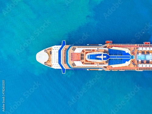 Luxury cruise ship. Aerial view beautiful large cruise ship at sea, Big blue passenger cruise liner. Summer vacation, travel, adventure, hot tour. 