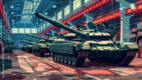 Numerous tanks parked in a hangar, showcasing military equipment for sale or repair. Versatile illustration for covers, cards, postcards, interior design, decor, or printing.