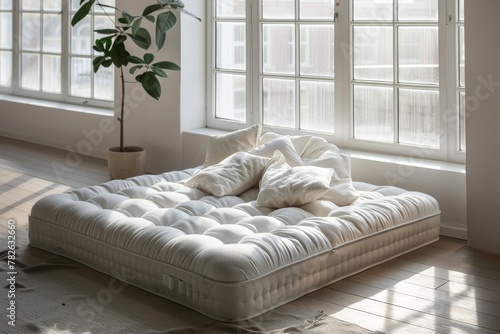 A mattress with pillows and a blanket on the floor in an empty room. Concept of moving and an empty apartment.