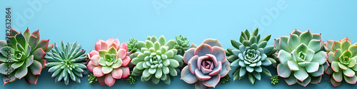 Various type of succulent cactus plants on blue background. Border made of colorful miniature plants. Botanic garden. Love nature, home plant concept. Flat lay, top view with copy space © ratatosk