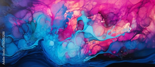 oceanic alcohol ink art  dynamic and high contrast  neon cyan with pink highlight