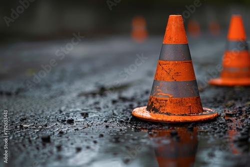 A traffic cone on the road. Road repair work after a long winter