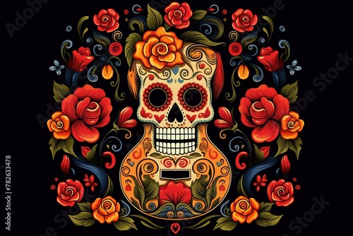 A beautiful illustration dedicated to the Mexican holiday of May 5th Cinco De Mayo. template with traditional symbols: painted skull, Mexican guitar, flowers, red pepper, on a black background