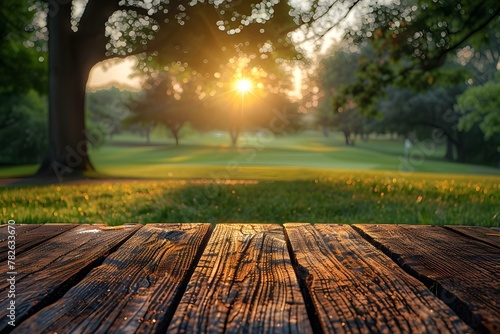 Serenity at Dusk: Wooden Table Overlooking a Sunlit Golf Course. Concept Nature Walk, Outdoor Adventure, Wildlife Spotting, Peaceful Surroundings