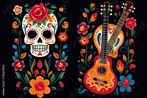 A beautiful illustration dedicated to the Mexican holiday of May 5th Cinco De Mayo. template with traditional symbols: painted skull, Mexican guitar, flowers, red pepper, on a black background