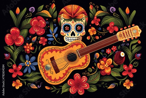 A beautiful illustration dedicated to the Mexican holiday of May 5th Cinco De Mayo. template with traditional symbols: painted skull, Mexican guitar, flowers, red pepper, on a black background