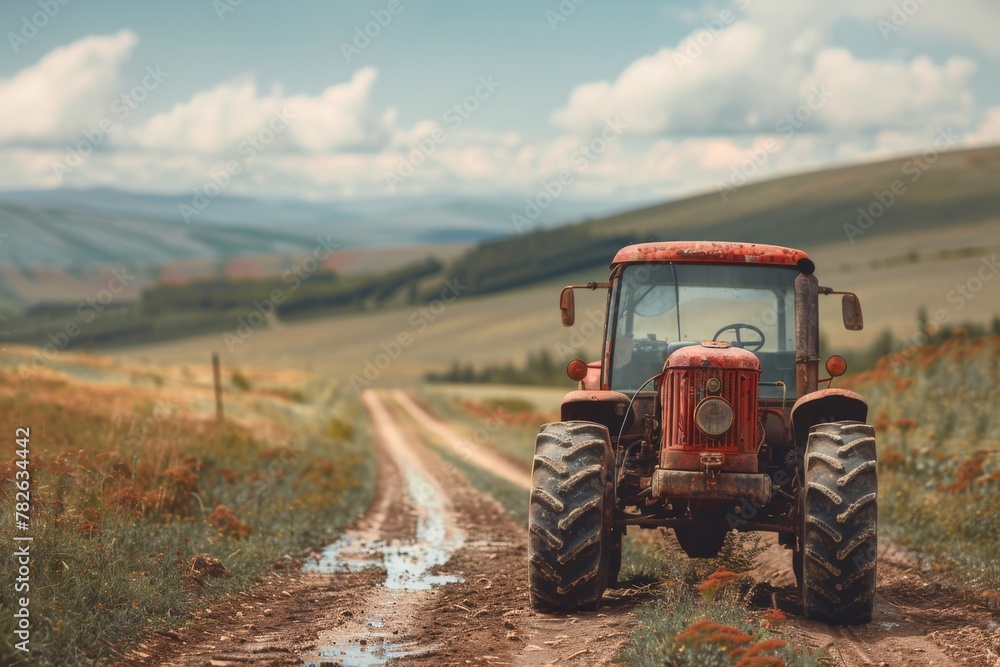 An old tractor on a rural unpaved road. An old tractor on a rural unpaved road.