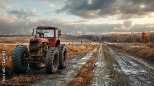 An old tractor on a rural unpaved road.  photo