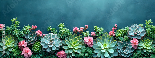 Various type of succulent cactus plants on blue background. Border made of colorful miniature plants. Botanic garden. Love nature, home plant concept. Flat lay, top view with copy space
