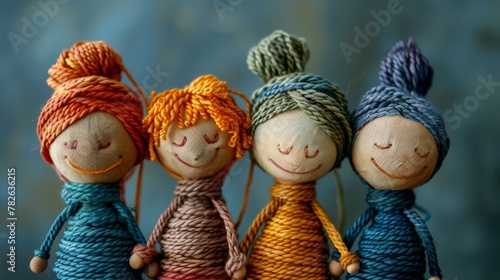 Composition of four smiling dolls holding hands and symbolizing a family. The toys are made by winding threads. Handmade. The concept of equality, unity and friendship. Illustration for varied design. © Uliana