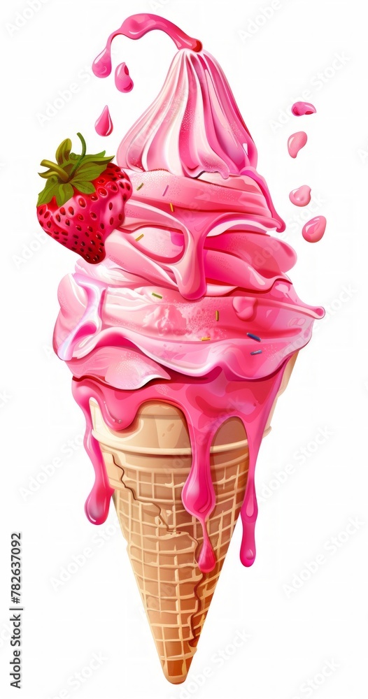  strawberry ice cream cone with pink sauce and strawberry on top in the style of clipart white background