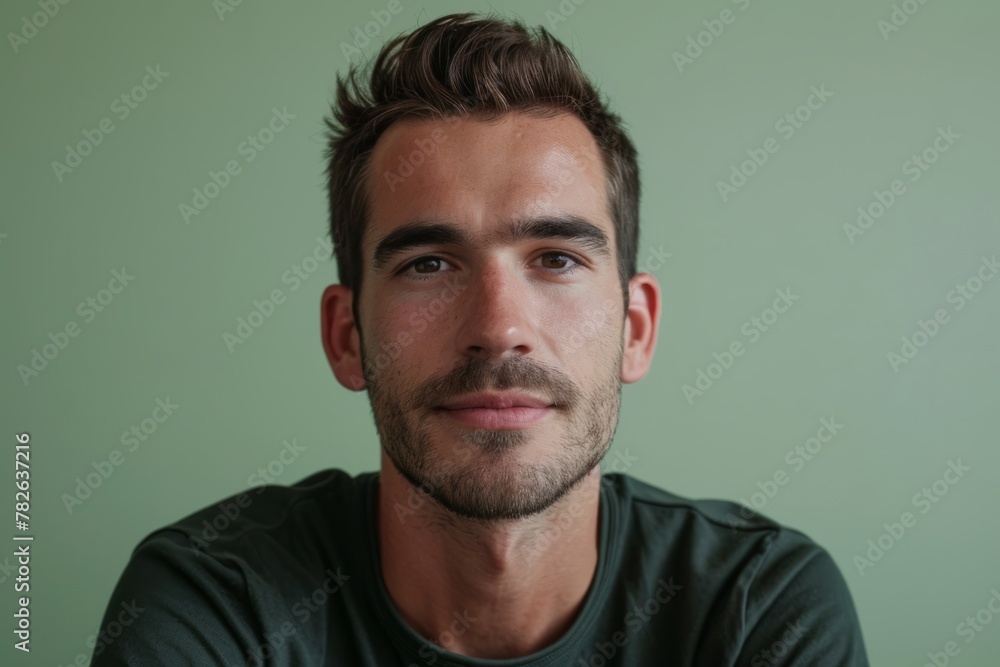 Portrait of a handsome young man with beard and mustache against green background Portrait of a handsome young man with beard and mustache against green background