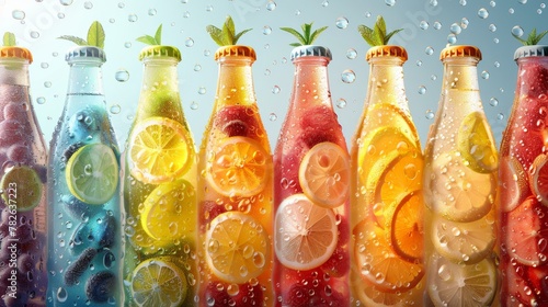 Numerous chilled fruit water, teas, and sodas glistening with condensation. A cool, thirst-quenching beverage. Ideal for various visual and promotional purposes © Uliana