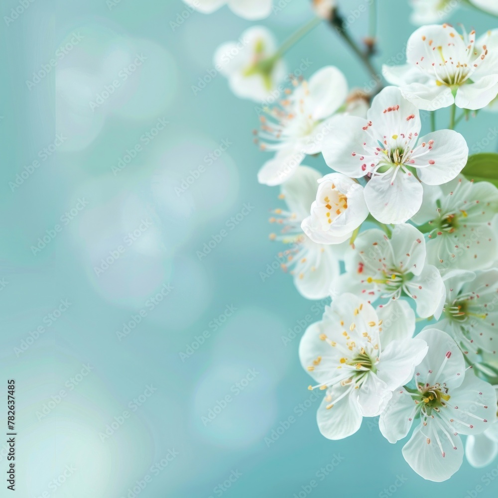 Summer nature background with nice white cherry blossom on a blue pastel background