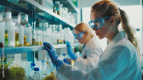 A team of scientists in lab coats and goggles examining samples of seaweed in a brightly lit laboratory. The shelves behind them are filled with bottles and vials containing different .