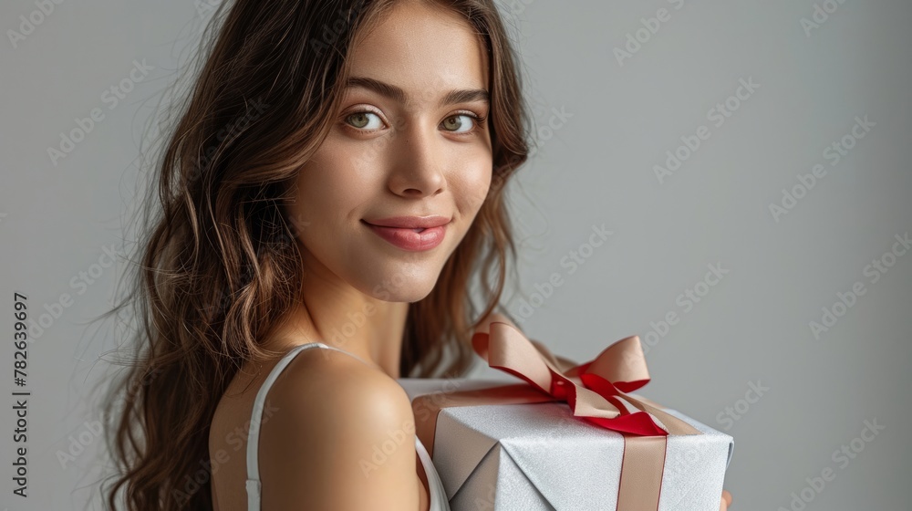 Beautiful young woman and gift box on gray background Beautiful young woman and gift box on gray background