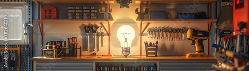 A startup garage where every tool and gadget casts a lightbulb shadow, symbolizing the birthplace of innovation