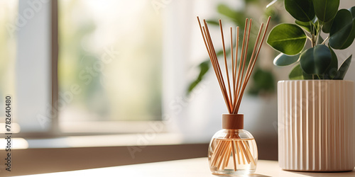Liquid home fragrance in diffuser with a green leaf plant on table in bedroom indoors close up over scented Cozy and hygge atmosphere.