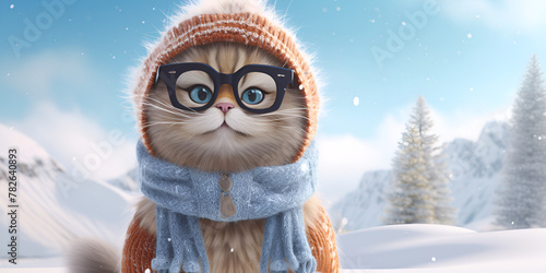 There is a cat that is standing on the snow with wearing glasses and hat against blue sky background