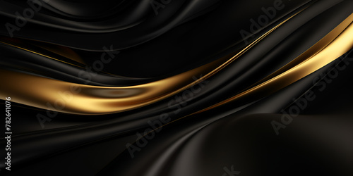 Black and gold fabric abstract background with smooth lines on a dark background.