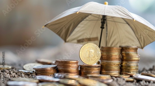 Coins stacked on shaking ground with an insurance policy umbrella shielding them, depicting protection