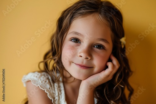 Portrait of a cute little girl with curly hair on a yellow background