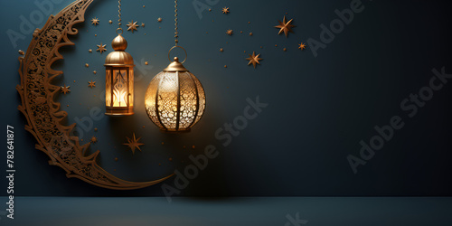 Ramadan islamic greeting card of crescent moon decoration and lanterns on dark blue wall background.
