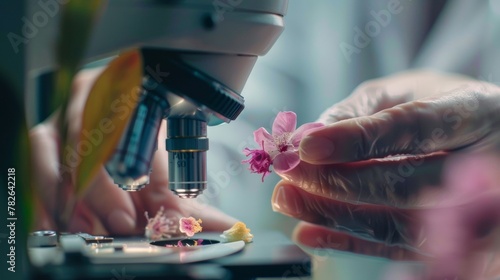 With deft fingers the botanist delicately prepares a new specimen carefully extracting a tiny fragment from a delicate flower petal to yze under the powerful lens of the microscope. . photo