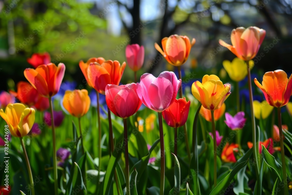 Colorful tulips in sunlight with blurred background, vibrant spring flowers