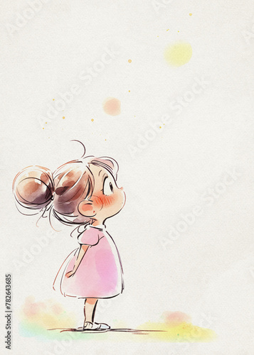 Cartoon Drawing: a Cute Young Girl, Baby Girl, Pink Dress