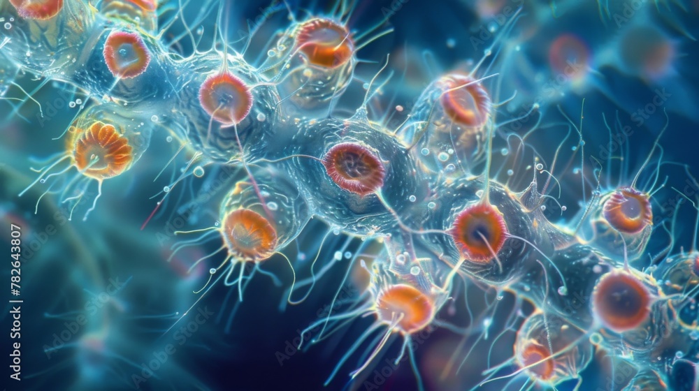 A microscopic view of a ciliate colony where several individual ciliates have formed a symbiotic relationship. The ciliates work together A microscopic view of a ciliate colony where several individual ciliates have formed a symbiotic relationship. The ciliates work together