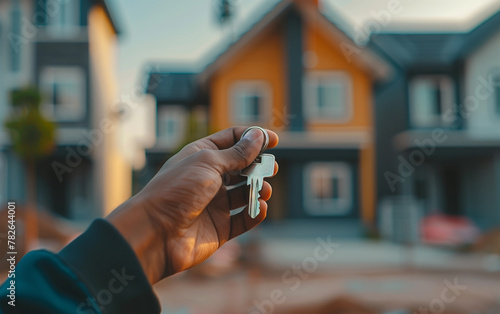 realtor's hand holding key with modern houses blurred in background - real estate agent, home buying transaction, property sale handover.