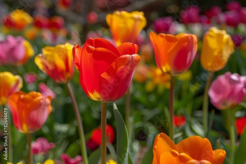 Colorful tulips in sunlight with blurred background  vibrant spring flowers