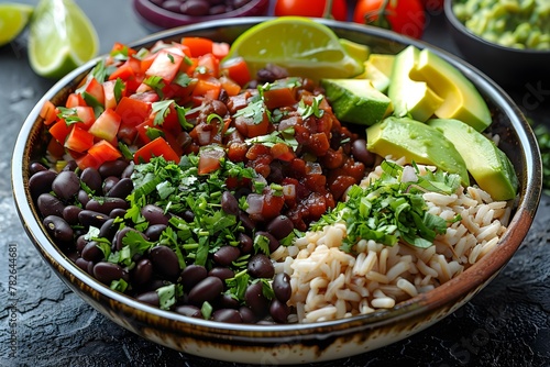 Savory Veggie-Packed Burrito Bowl with Avocado and Salsa. Concept Healthy Eating, Vegetarian Recipes, Salad Bowls, Avocado Dishes, Fresh Salsa photo