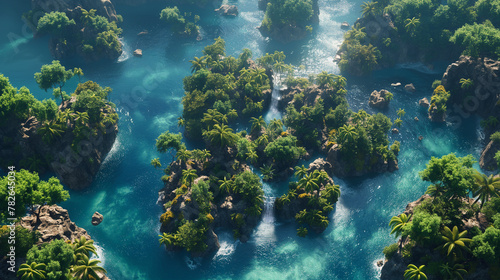 Top View, extreme full wide shot, a view of different landscapes in the fantasy island, concept art, 3d model,